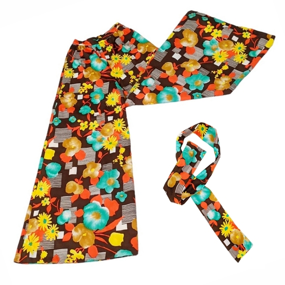 Rare 1960s Palazzo Pants Bellbottoms Vintage Flares XXS XS Flower Power - Picture 5 of 8